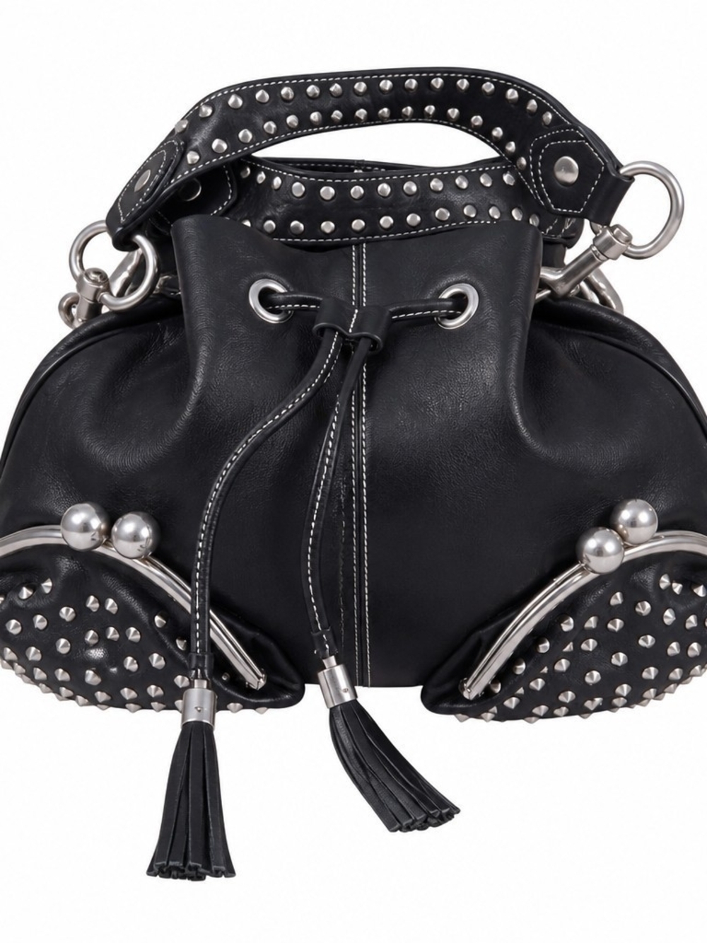 Vtg Betsey Johnson Black Leather Studded Kiss Lock Hobo Bucket Bag Y2K Rare - Picture 2 of 16